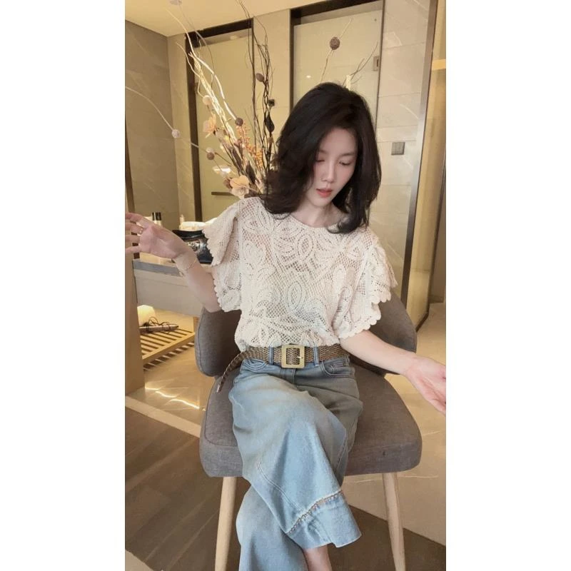悦悦专属 ●【鹿与安迪】夏季百搭重工钩花镂空短袖上衣Y151