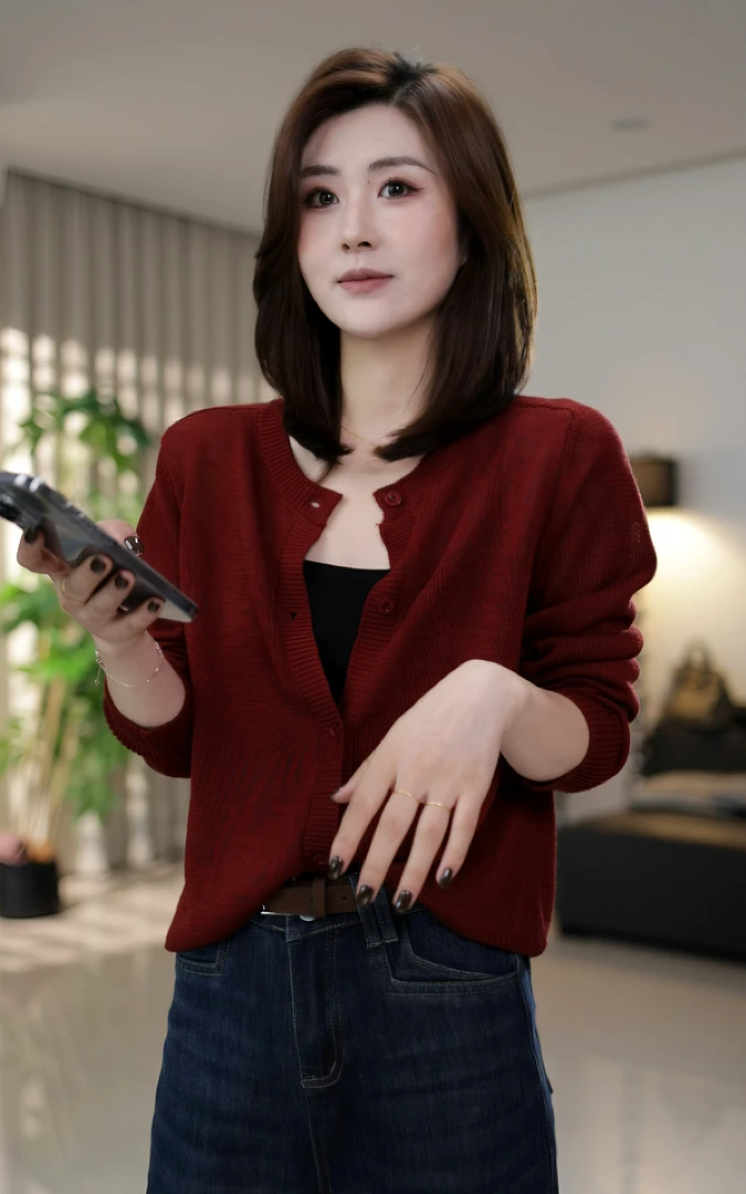 QIANRH-1344极简风纯色圆领薄款早秋高质感针织开衫