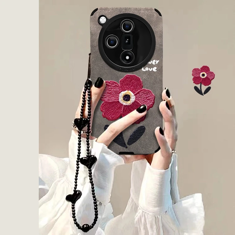 适用OPPOFindX7手机壳瞳眼皮质油画红花女创意防摔保护套ins
