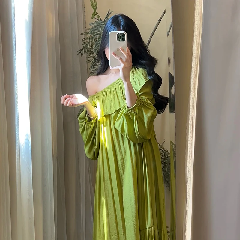 【ROUROU】绵绵春日｜  专属 糖果色一字领圆领宽松系带中长款连衣裙