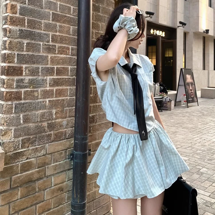 新款学院风格纹套装女夏季短款宽松衬衫花苞半身裙JK两件套小个子