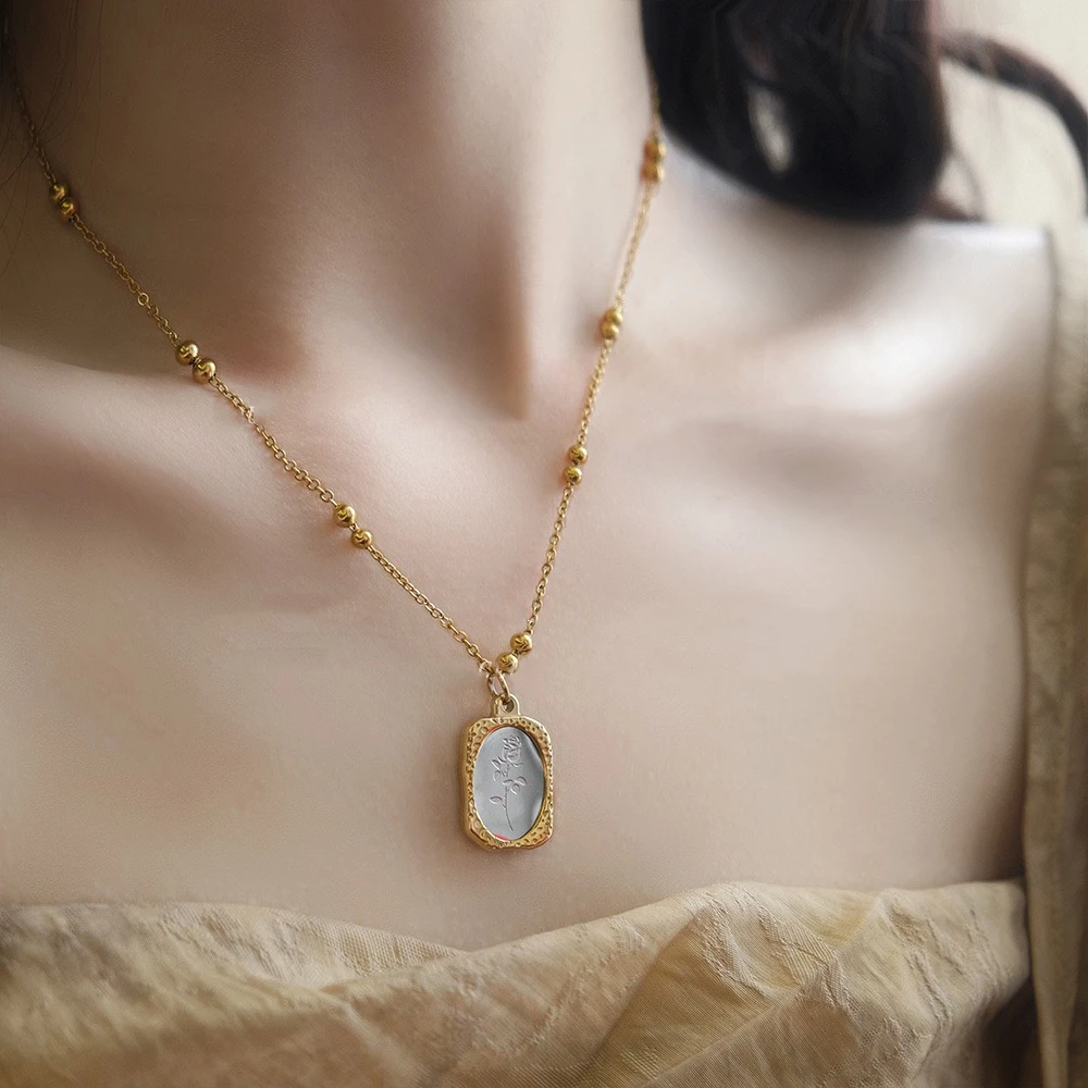 钛钢项链 （永不掉色）浮雕魔镜玫瑰花圆珠项链女款气质轻奢锁骨链