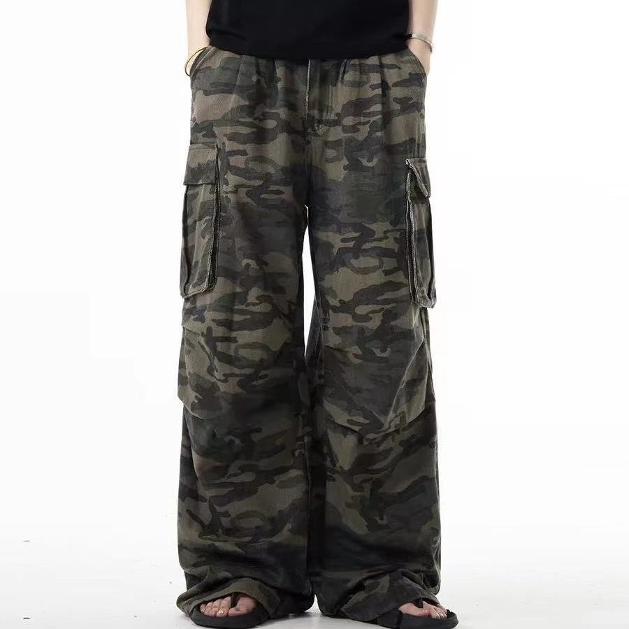【慌慌】美式复古迷彩工装裤男女同款宽松休闲多口袋水洗牛仔裤NZ55