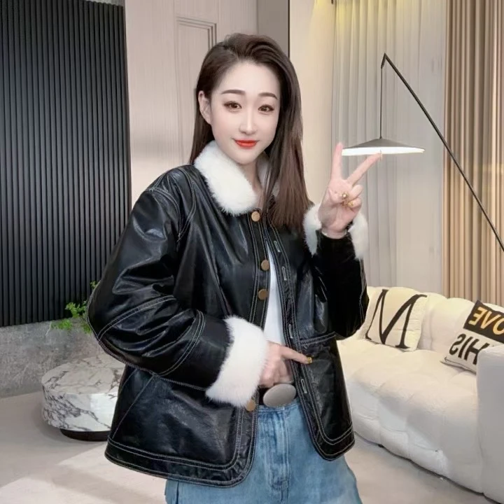 【若楠服饰】黑白撞色气质水貂拼皮高定女款皮草外套