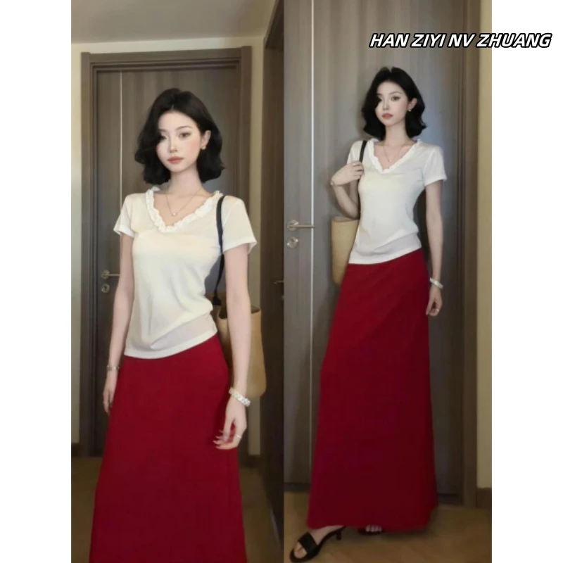 设计感小众v领木耳边纯棉短袖t恤女夏季新款辣妹修身显瘦短款上衣