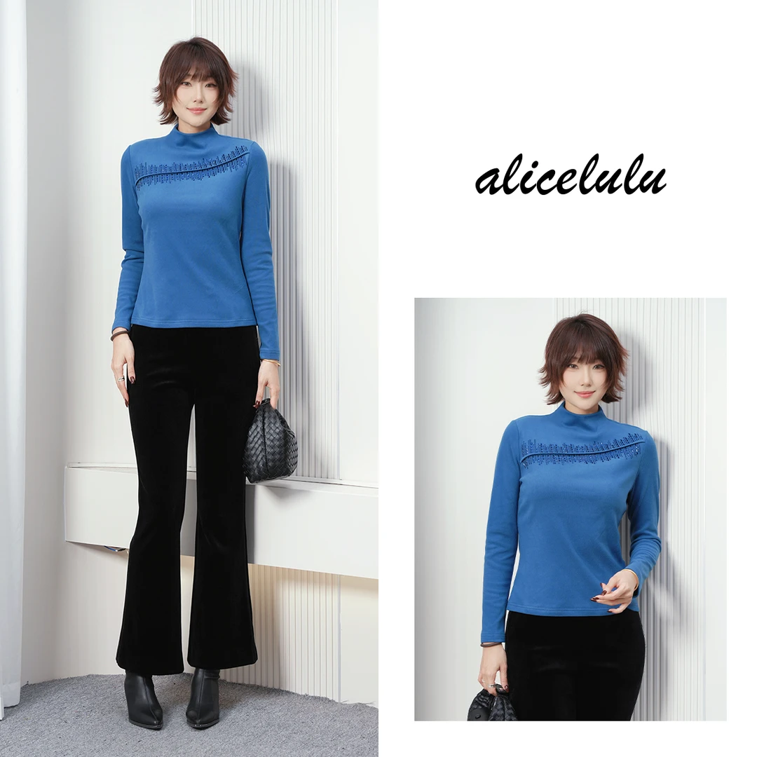 alicelulu‘靛蓝’重工烫钻立领修身打底衫S2145759L