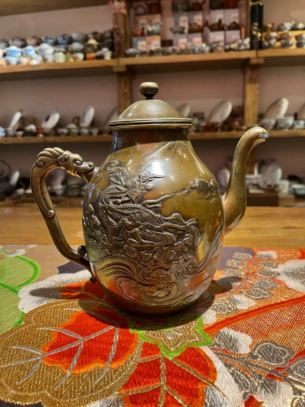 铜壶龙纹松柏陶瓷铜壶金工名家昌晴作年代物泡茶壶浮雕复古茶具