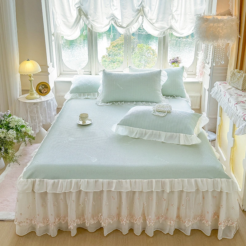 【真珍】素夏 公主风床裙款夏季豆豆冰丝凉席三件套空调床垫子