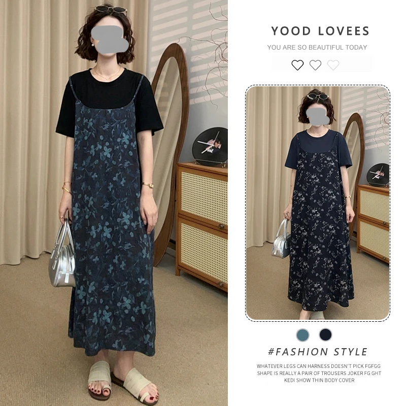 圆领设计感碎花假两件裙子女2025夏季新款显瘦韩版复古气质连衣裙