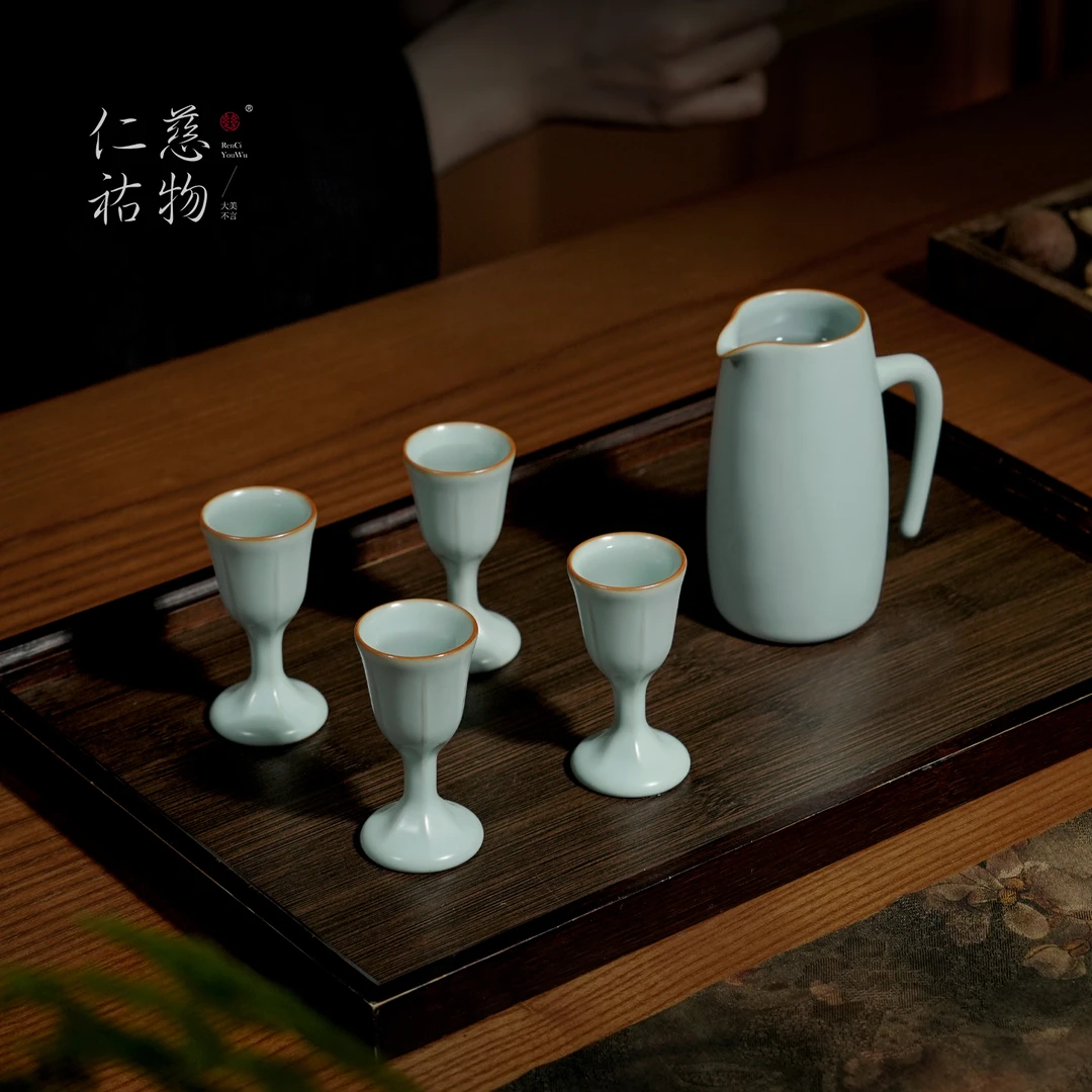 汝窑岚香酒具套装家用复古白酒杯高级感分酒器陶瓷酒盅天青色汝瓷