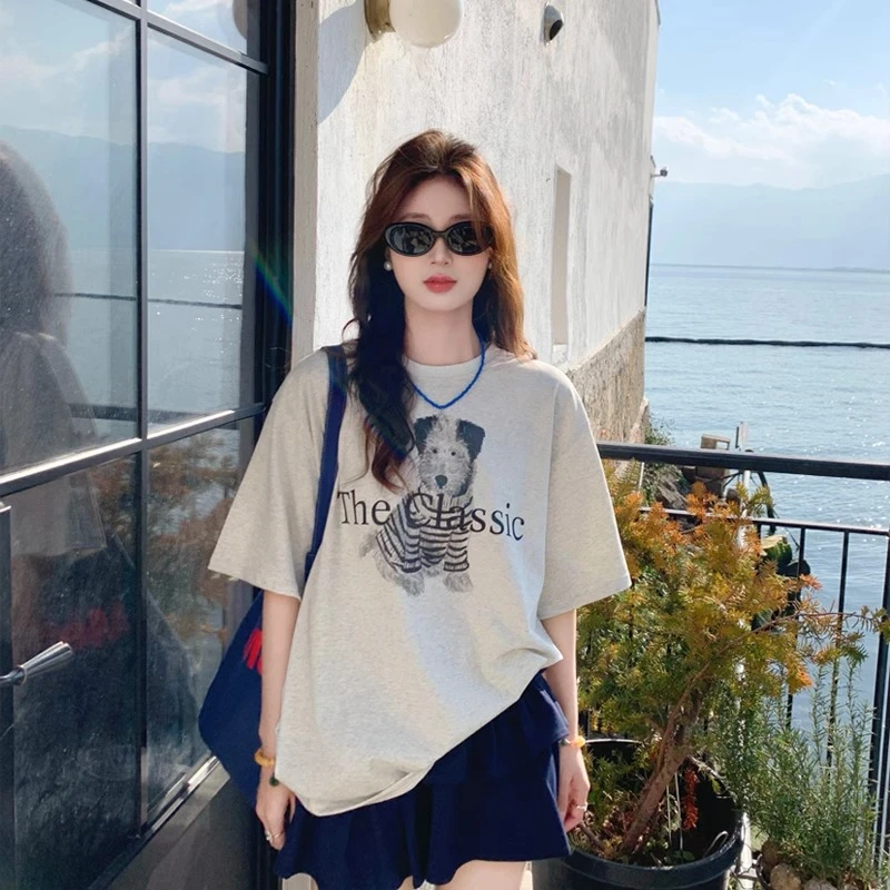 白色圆领印花短袖T恤女2025夏季新款设计感小众宽松独特好看上衣