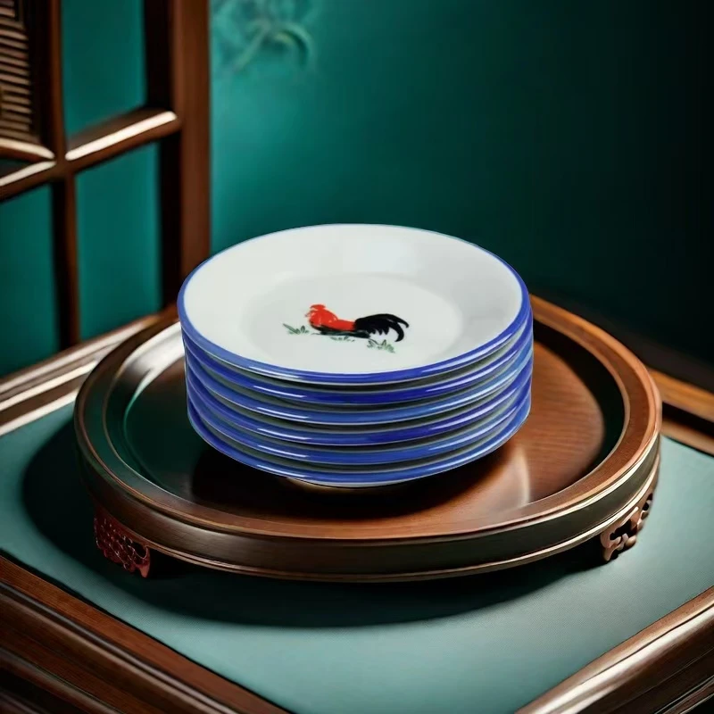 复古釉下彩陶瓷平盘怀旧公鸡骨碟托盘小吃碟小炒盘子高温菜盘子