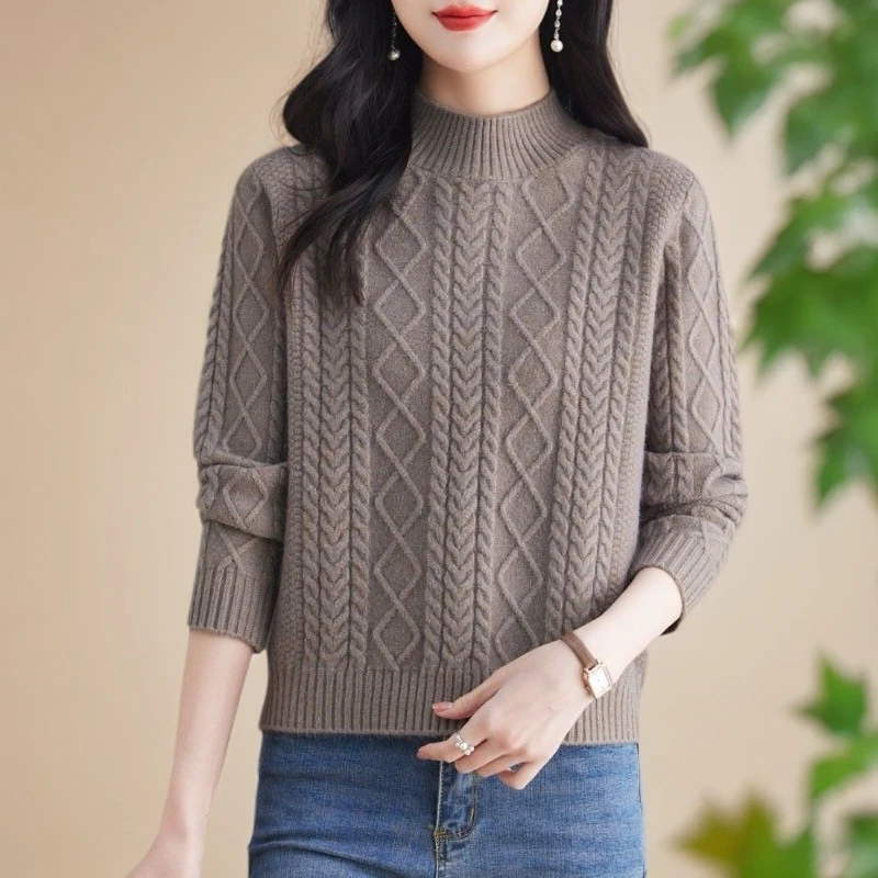 纯100羊绒衫女秋冬时尚复古半高领上衣宽松显瘦洋气简约针织毛衣