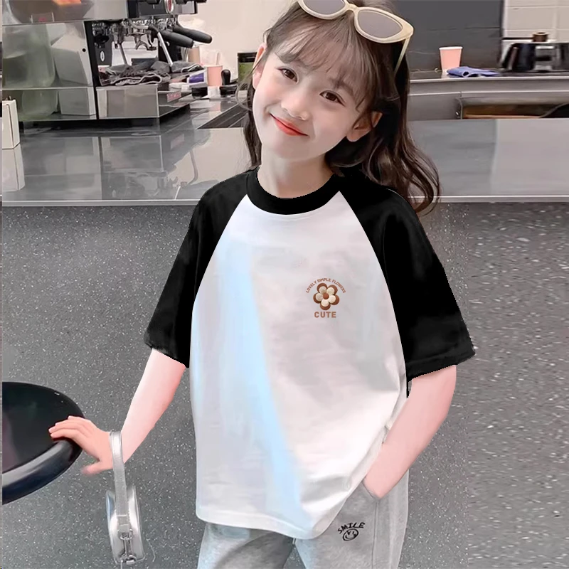 设计感女童撞色纯棉短袖2025夏季新款女孩T恤儿童宽松休闲上衣潮