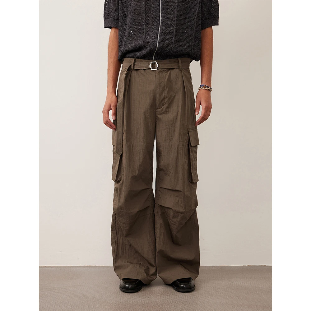 COMMON SCENTS棉尼龙微皱肌理褶裥贴袋宽松腰带伞兵长裤