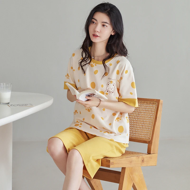 睡衣女夏季2025年新款短袖七分裤纯棉套装家居服夏天T-5372