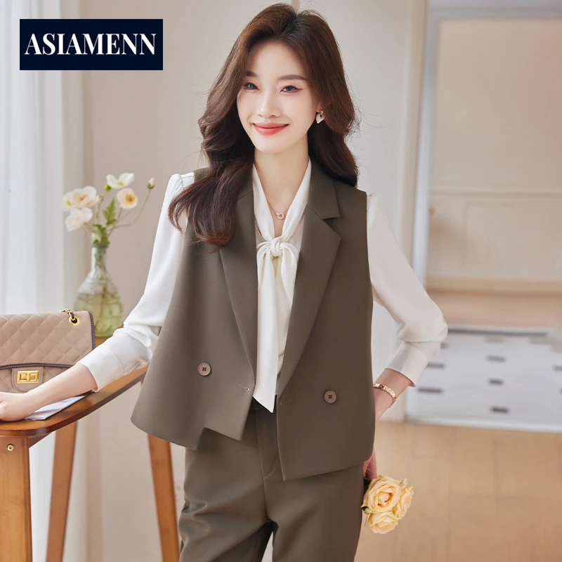 咖色西装马甲套装女2025新款秋季小个子高级感职业马夹衬衫两件套