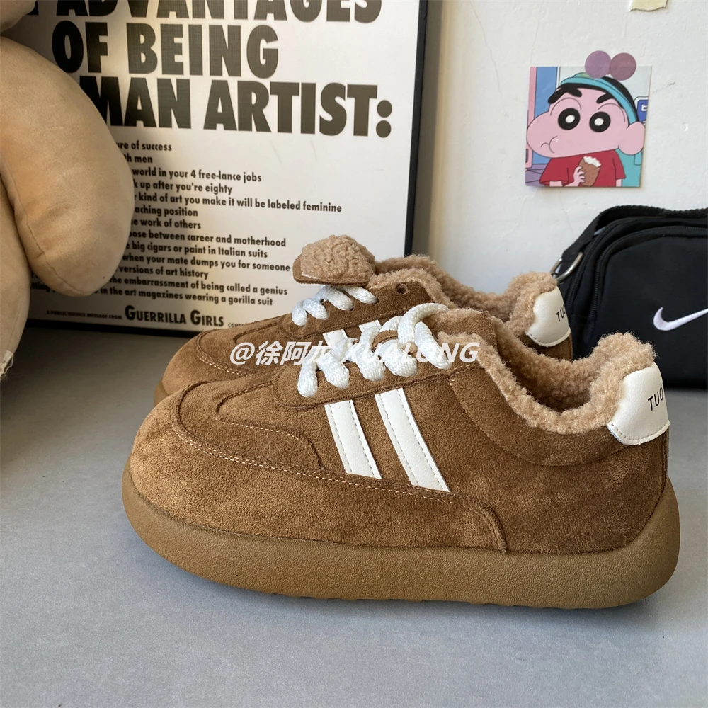 加绒厚底大头面包鞋女2025秋冬新款保暖百搭德训板鞋丑萌休闲棉鞋