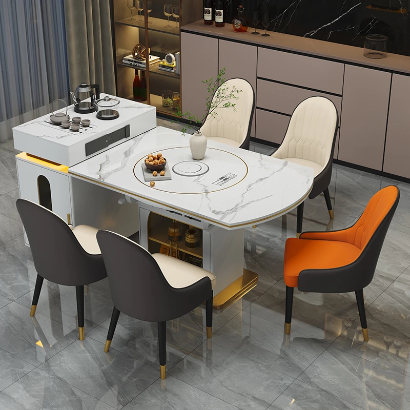 新岛台多功能餐桌椅组合可方圆桌两用自动旋转盘家用伸缩吃饭桌子