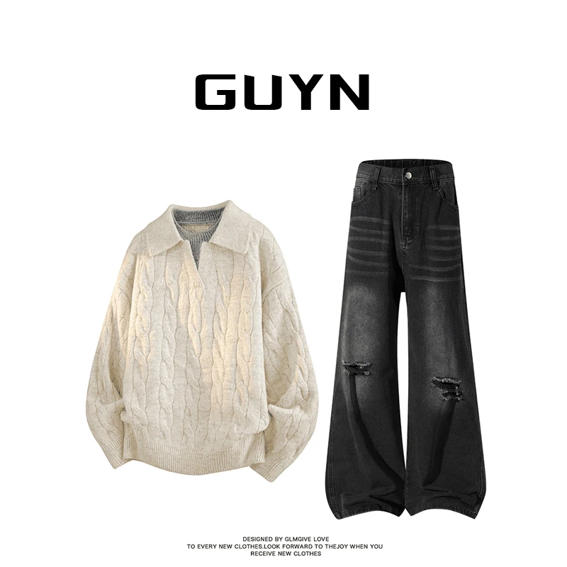 【品牌正品现货】GUYN法式复古麻花针织衫翻领毛衣男款冬季上衣套装