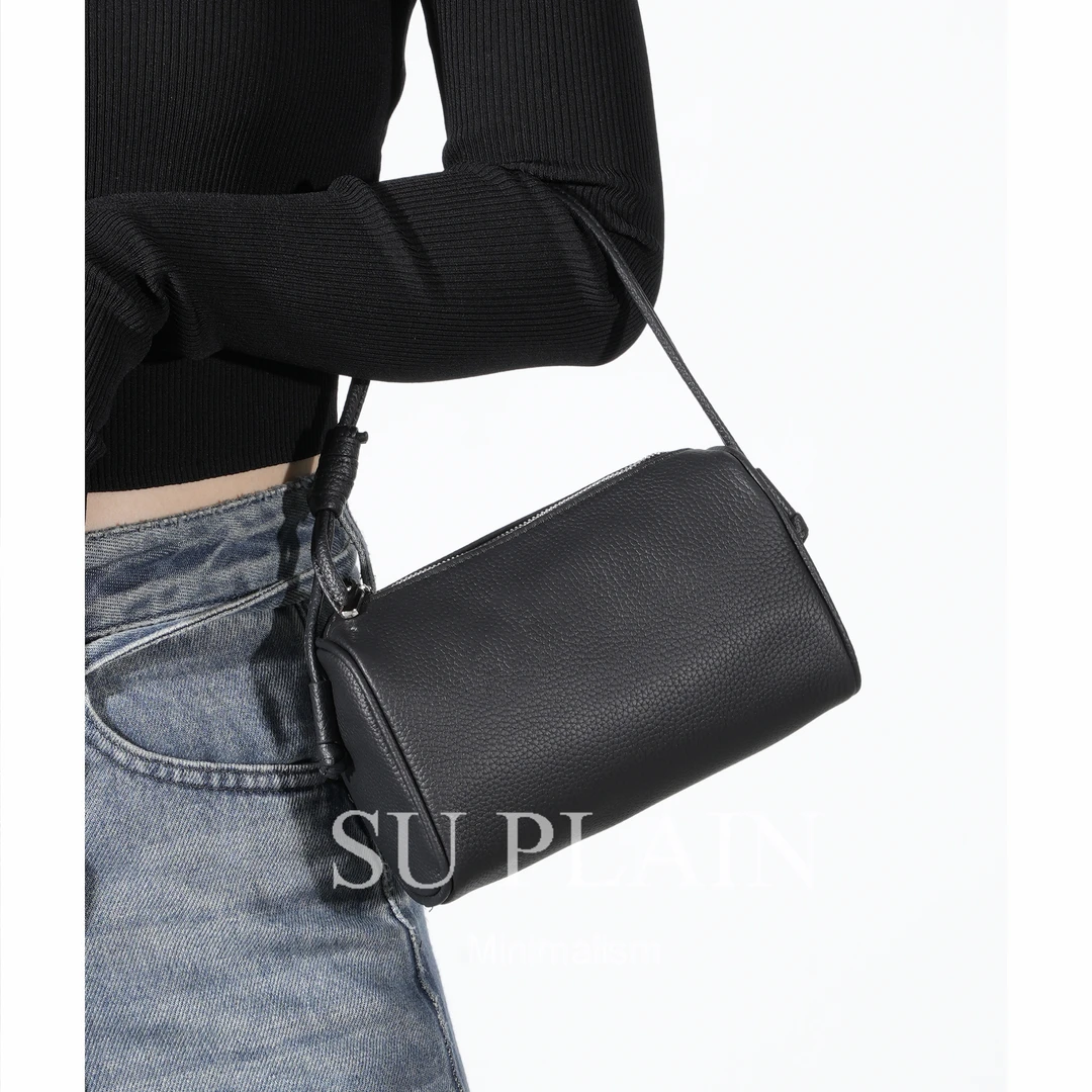 SUPLAIN/SUPLAIN头层牛皮休闲百搭笔筒包小众简约小包包单肩斜跨