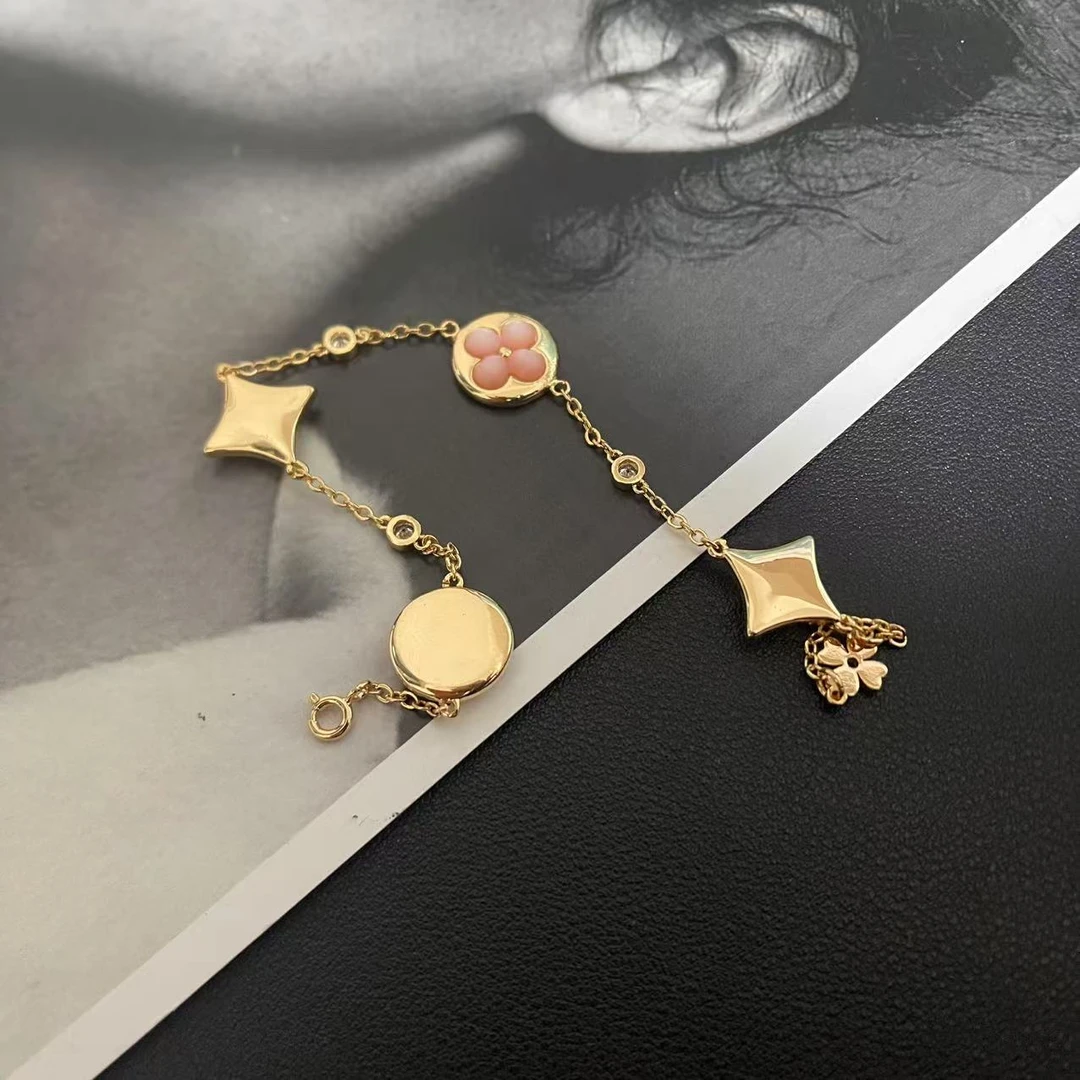 铜合金合成锆石手链 轻奢粉色花朵手链