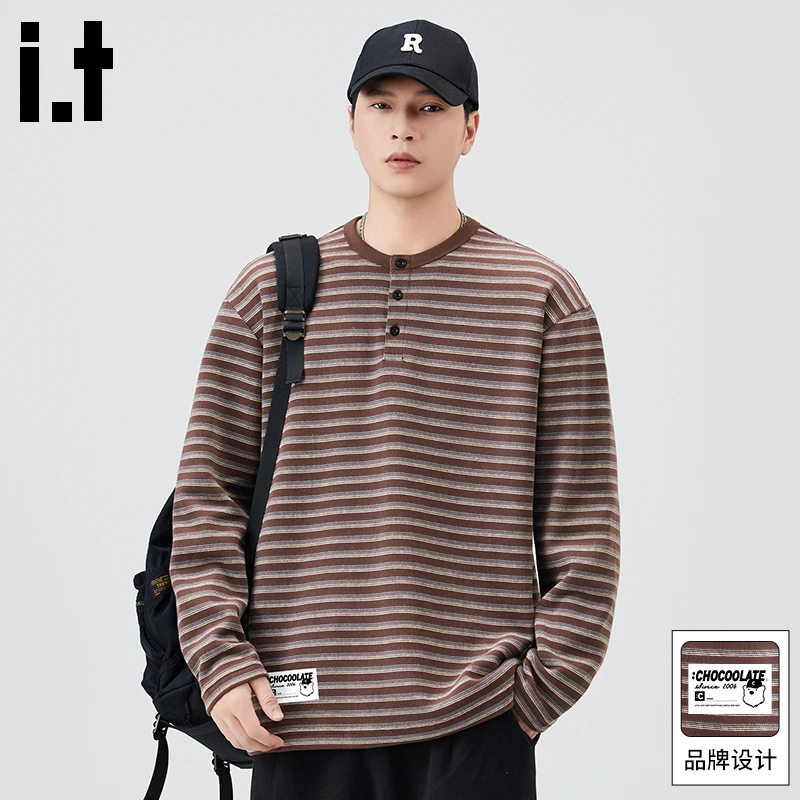 it：CHOCOOLATE亨利领长袖T恤男秋季新款美式宽松休闲打底衫上衣