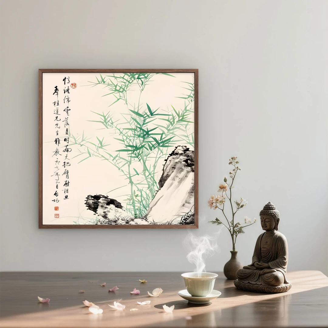 9712-50*50竹子中式装饰画木框玄关书房茶室客厅挂画
