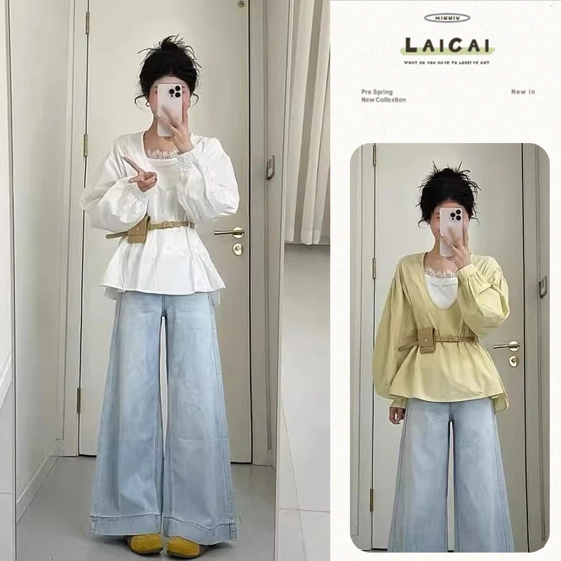 独特小众设计灯笼袖法式衬衫叠穿甜美风牛仔阔腿裤夏季两件套装女