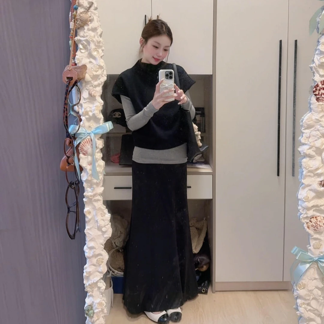 韩系御姐风盐系马甲内搭叠穿一整套2025新款冬独特超好看连衣裙子
