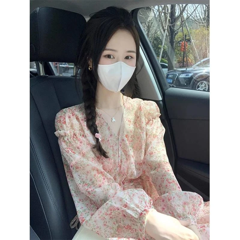 DS法式温柔风粉色雪纺连衣裙女秋季胖妹妹收腰显瘦超仙碎花长裙