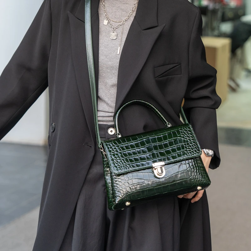 2025春季新款高档纯牛皮鳄鱼纹手提包大容量双拉链真皮单肩斜挎包