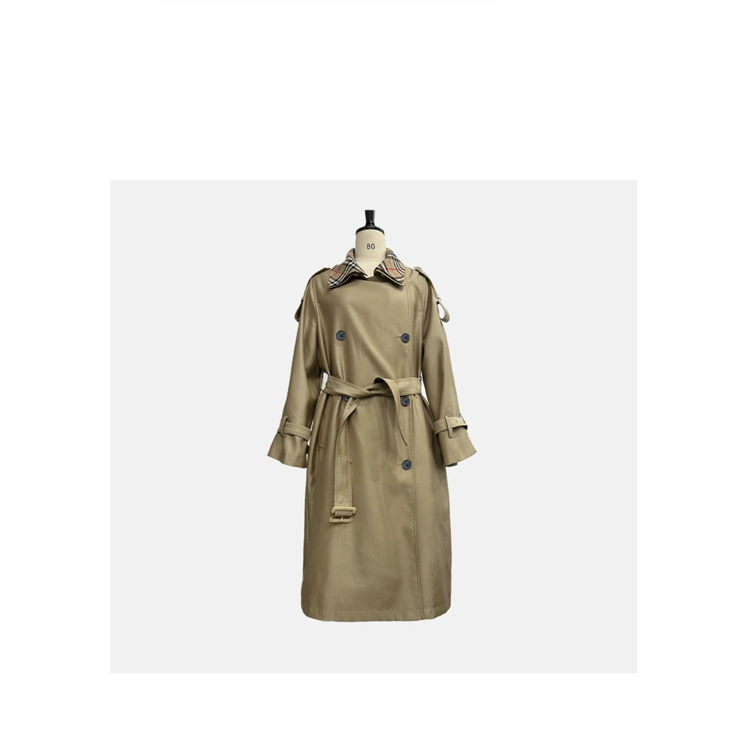 【现货】轻奢风衣外套女双排扣皮领设计感系带收腰长款大衣50172-1