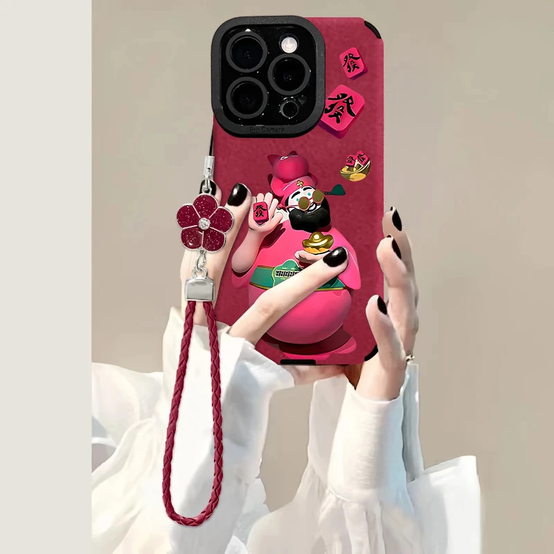 举發财神适用苹果16华为vivo小米oppo手机壳瞳眼皮质红色网红潮流