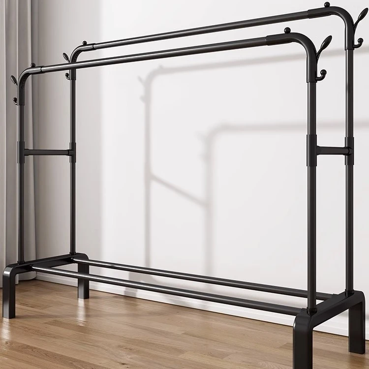 简易室内家用衣帽架卧室挂衣架子阳台双杆式晾衣架落地衣服收纳架