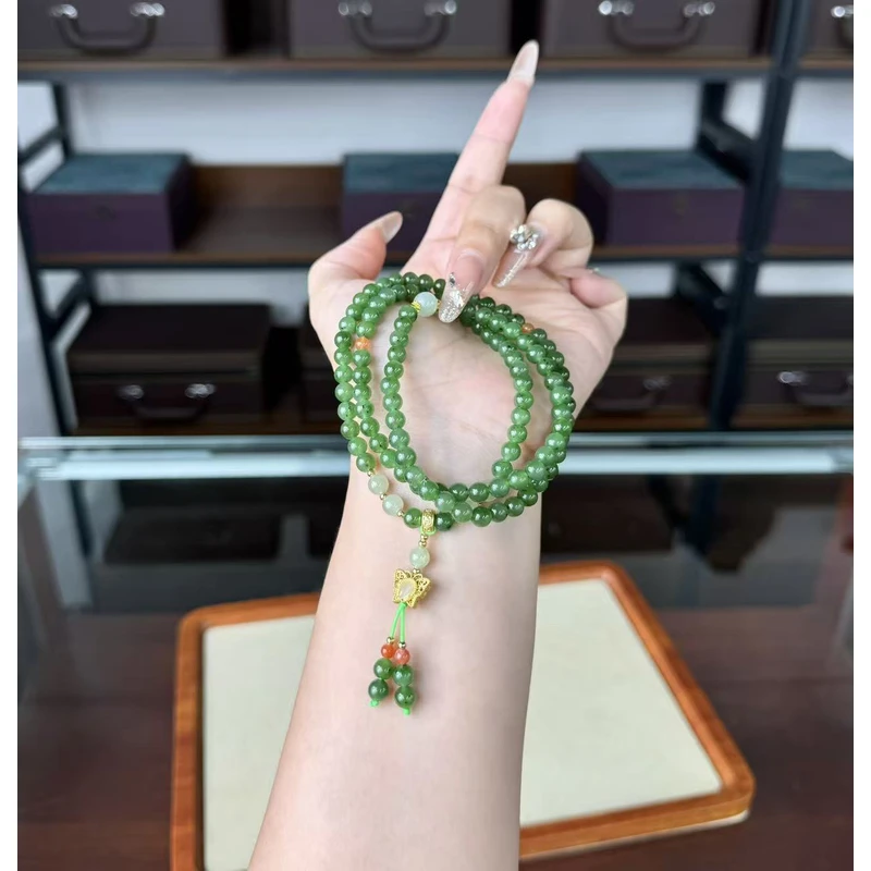 和田玉苹果绿碧玉108项链 超冰超好看