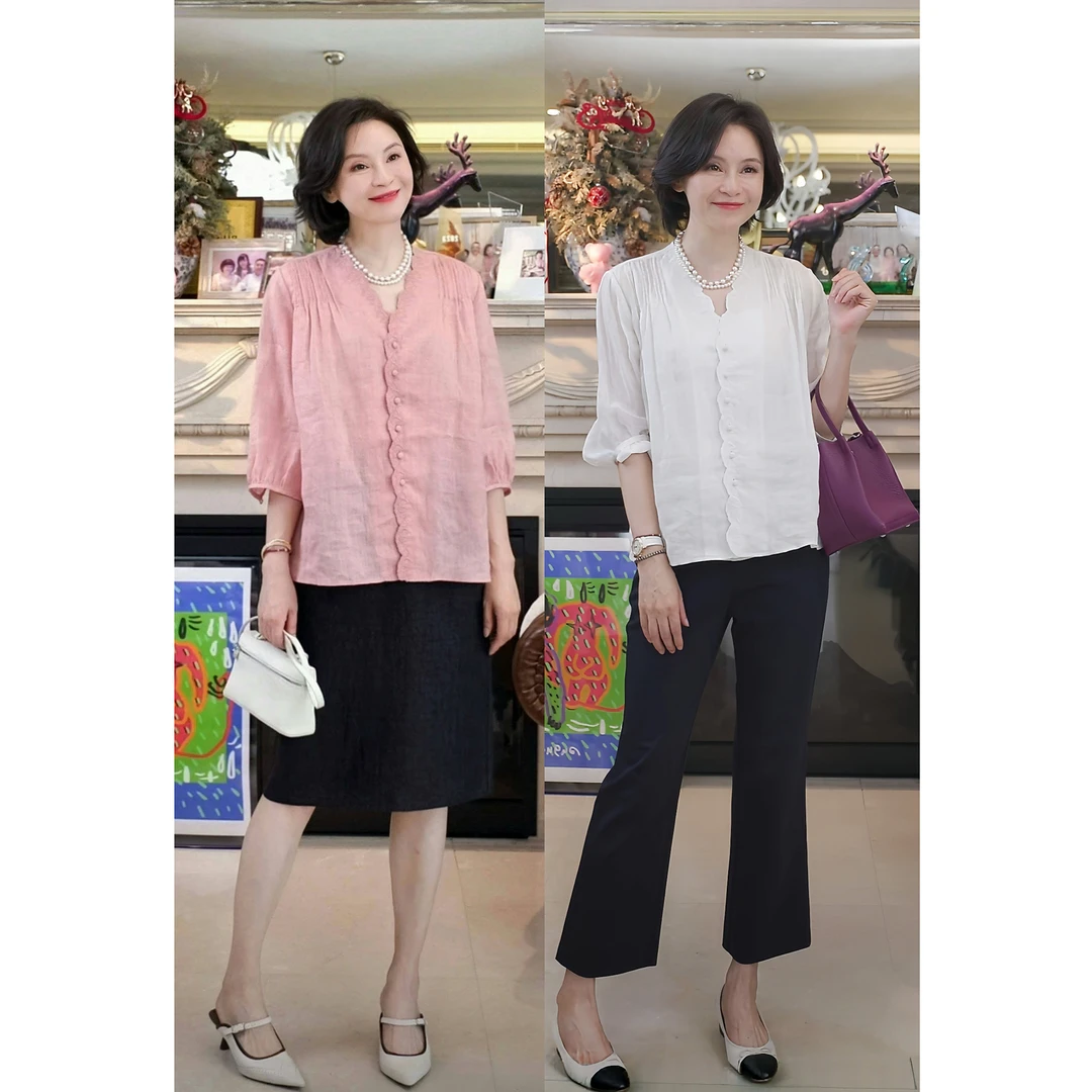 我是摩羯 莫奈玫瑰 100苎麻万针热熔绣花打条V领七分袖衬衫吊带