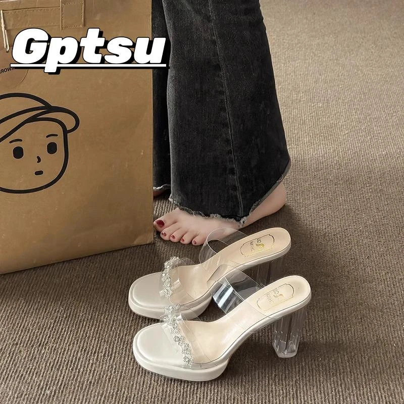 GPTSu绝美透明水晶粗跟高跟凉鞋女外穿新款性感配裙子水钻凉拖鞋