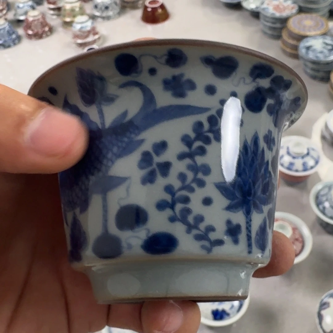 摆件老陶泥青花鱼藻纹两才盖碗