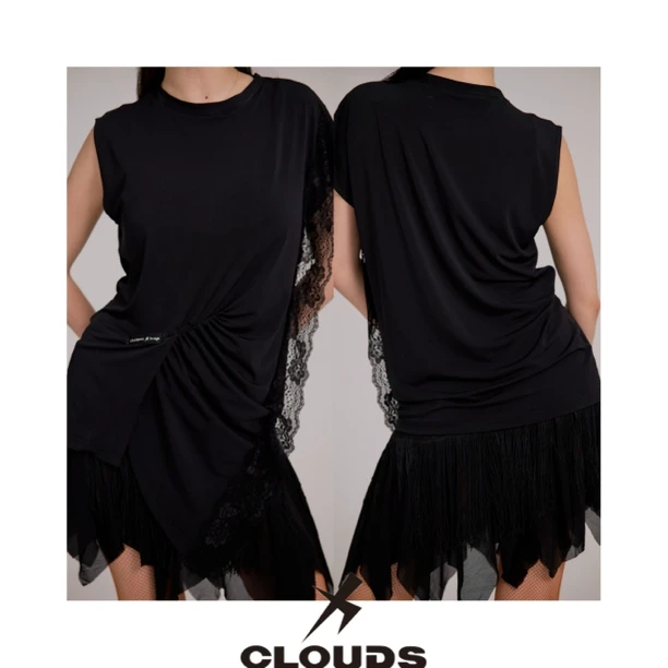 Clouds·X2025春夏系列【黑·豹】Y043设计感蕾丝褶皱罩衫形体训练服