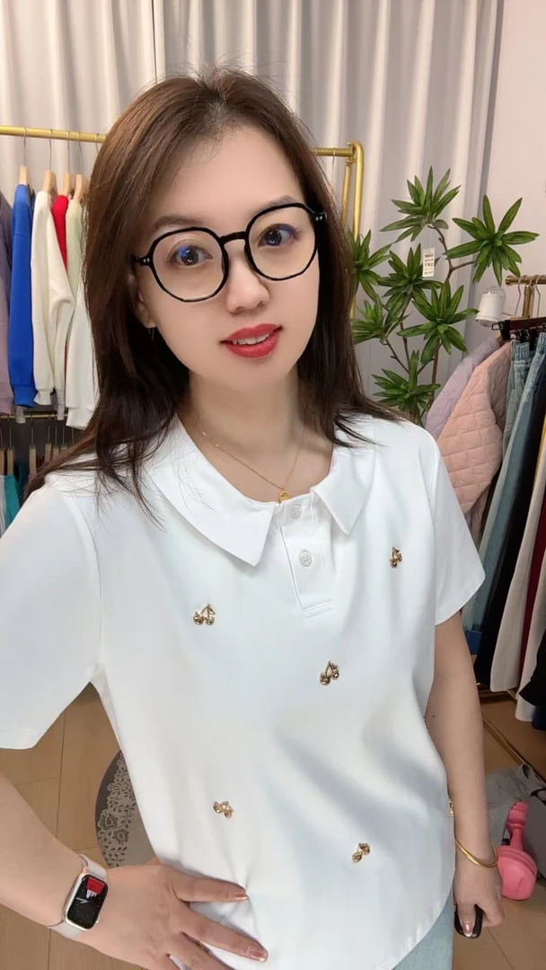 【飞利外贸】翻领重工烫钻 休闲时尚百搭宽松短袖