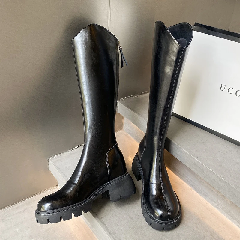 香港长筒2025真皮腿精加绒粗跟圆头厚底高筒靴长靴女冬骑士西部靴