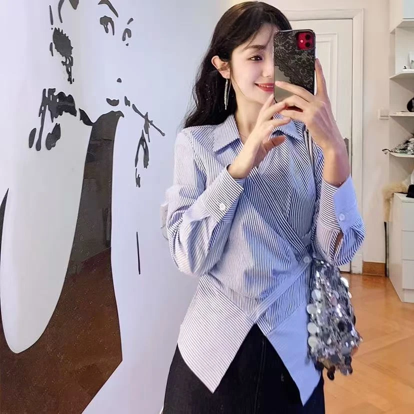 显瘦收腰气质百搭条纹衬衫上衣5330