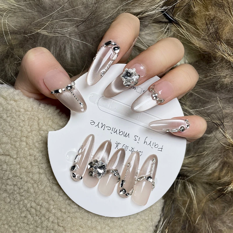 纯手工穿戴甲高级钻石重工猫眼美甲气质百搭爆闪美女细长美甲高货