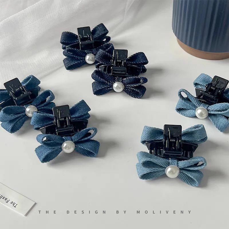 百搭珍珠发夹发饰时尚牛仔色蝴蝶结小抓夹少女侧边夹子头饰发卡子