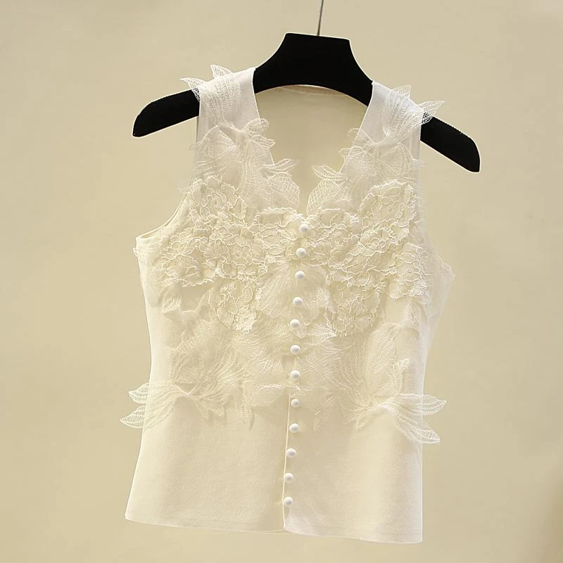 蕾丝花朵拼接背心女设计感V领单排扣上衣修身洋气打底衫气质