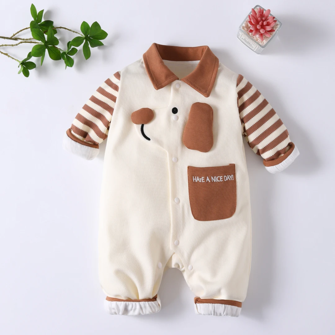 （咪）婴儿秋季连体衣2025新款长袖双层韩版男女宝宝小狗哈衣爬服