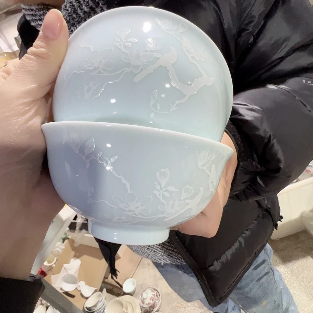 瓷景德镇高温陶瓷影青喜上眉梢米饭碗2个