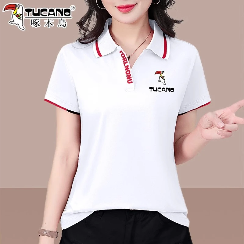 啄木鸟白色polo衫短袖女t恤夏2025新款夏装妈妈休闲纯棉翻领上衣