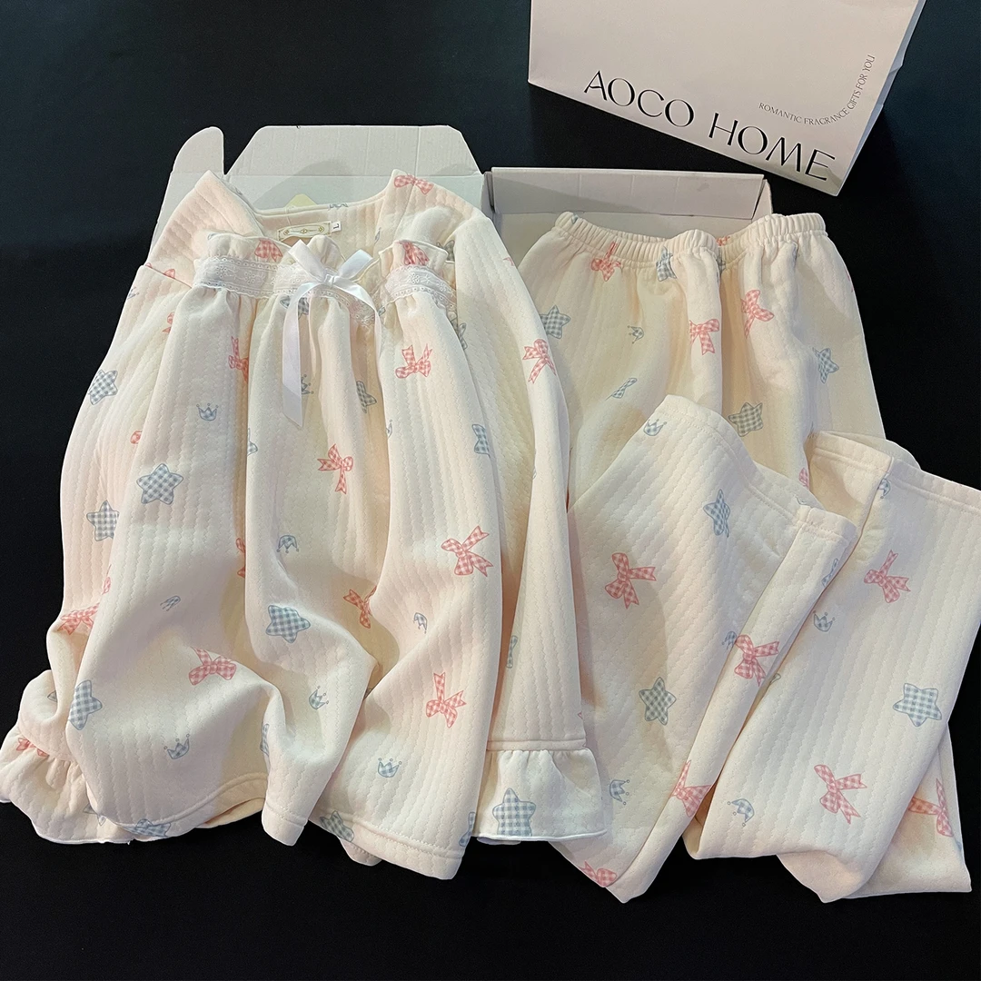 星星蝴蝶结睡衣女秋冬季加厚保暖新款空气棉可外穿宽松家居服套装